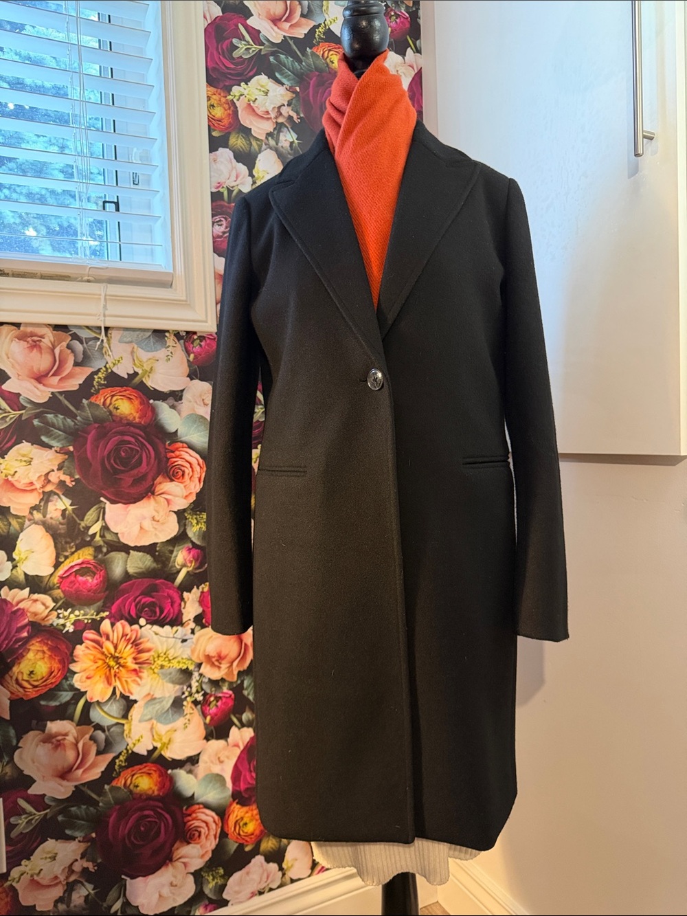 Joe Fresh Black Single-Button Trench Coat with Orange Scarf Accent